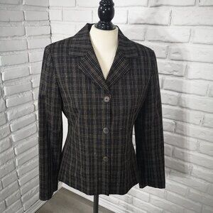 Korinna Weekend Ladies Size 8 Made in Canada Black Tan & Grey Plaid Lined Blazer